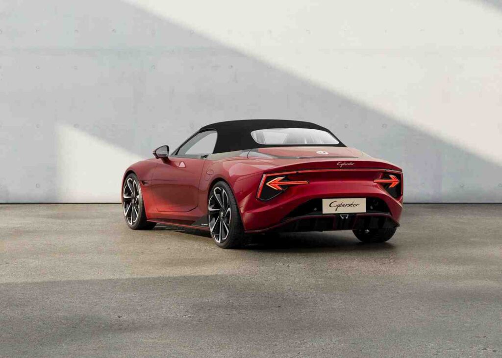 Rear view of MG Cyberster 2025 electric convertible sports car in Flare Red color