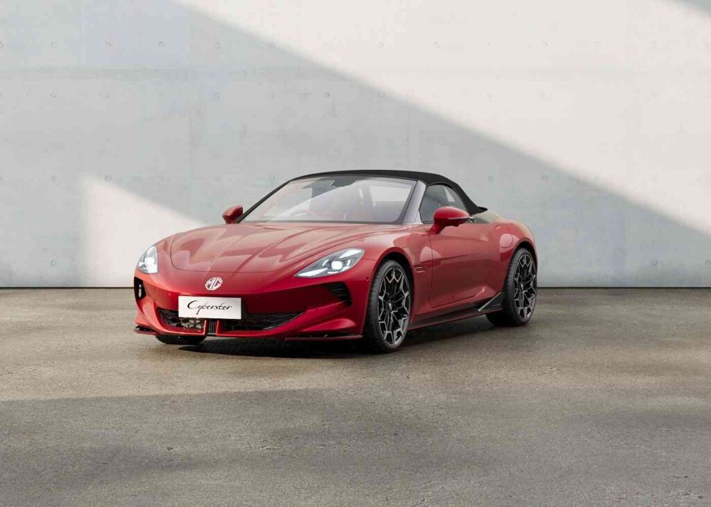 MG Cyberster 2025 electric sports convertible car in red color with scissor doors