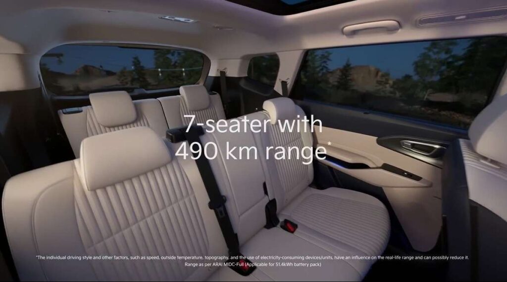 Interior view of Kia Carens Clavis EV 2025 showcasing 7-seater layout with 490 km electric range