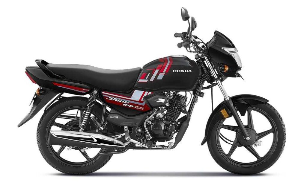Honda Shine 100 DX 2025 Side View – Sleek Commuter Motorcycle with Stylish Graphics and Fuel-Efficient 100cc Engine